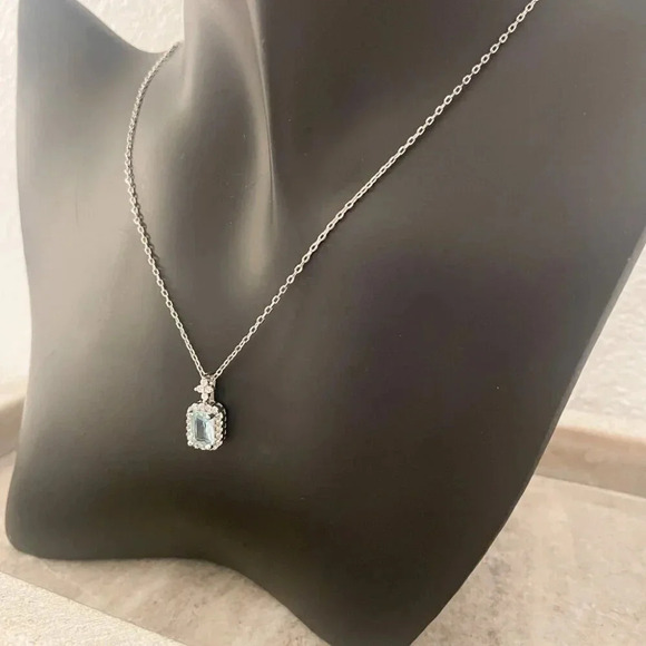 925 Sterling Silver Aquamarine Pendant Necklace Dainty CZ Diamond Necklace - Picture 6 of 9
